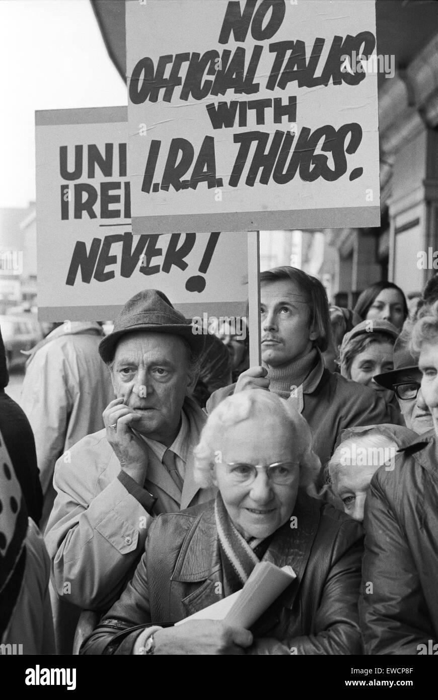 The Troubles 1970s UK. Conservative Party Conference Blackpool Lancashire 1973. Demonstration outside conference, No Official Talks with IRA Thugs. England HOMER SYKES Stock Photo