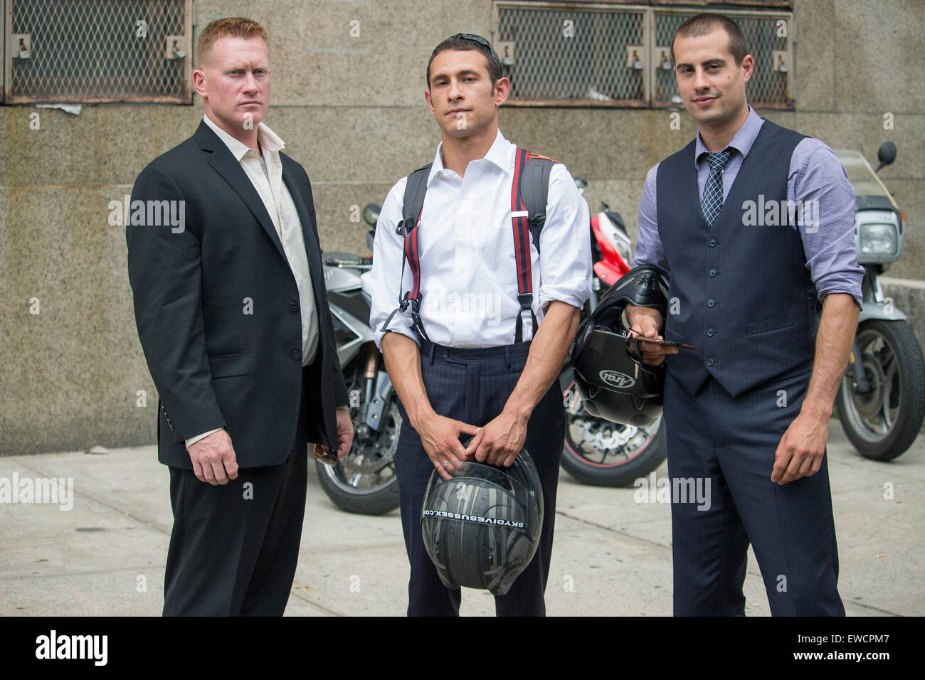 New York, New York, USA. 22nd June, 2015. Marko Markovich, right, Andrew  Rossig, center, and James Brady were convicted on Reckless Endangerment in  the Second Degree, Base Jumping and Reckless Endangerment of