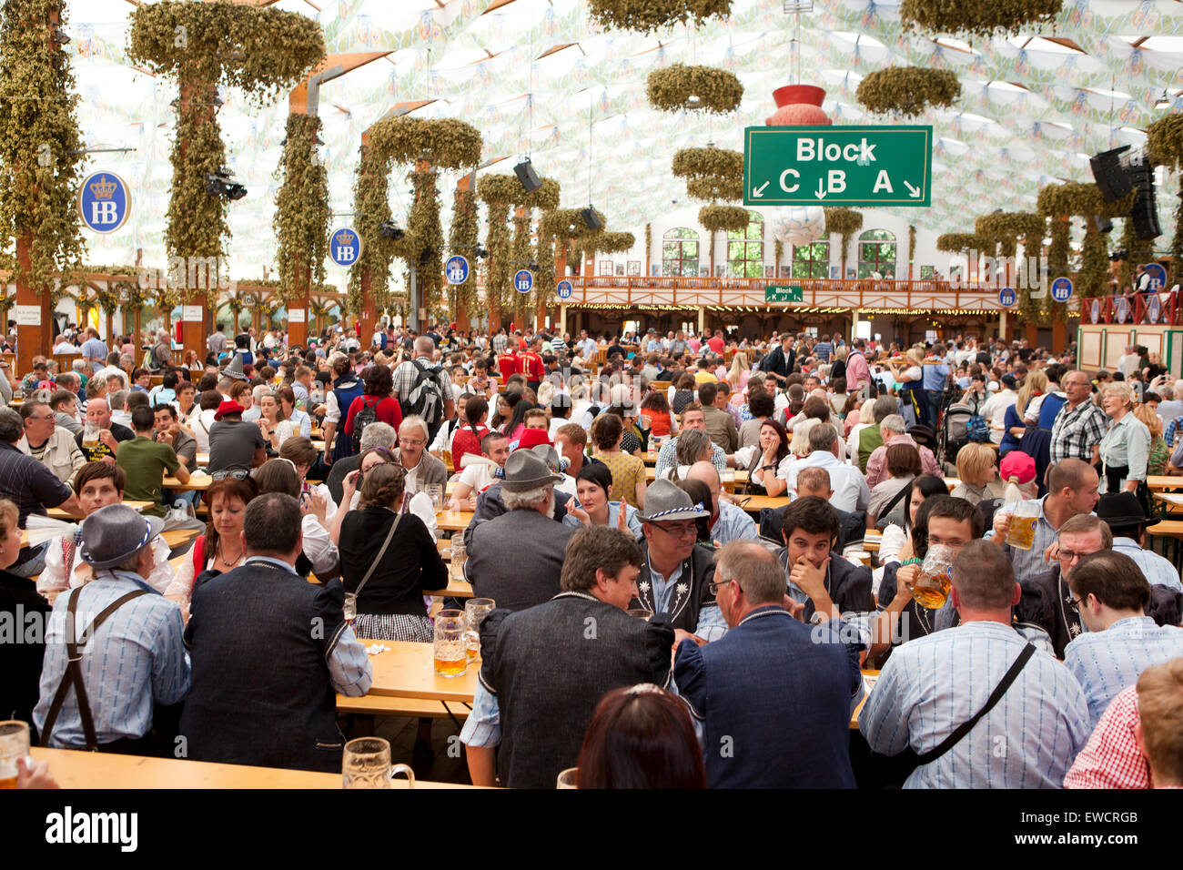 Oktoberfest, Munich, Germany, 25/09/2013, the marquee at the Oktoberfest with traditionally dressed visitors and tourists Stock Photo