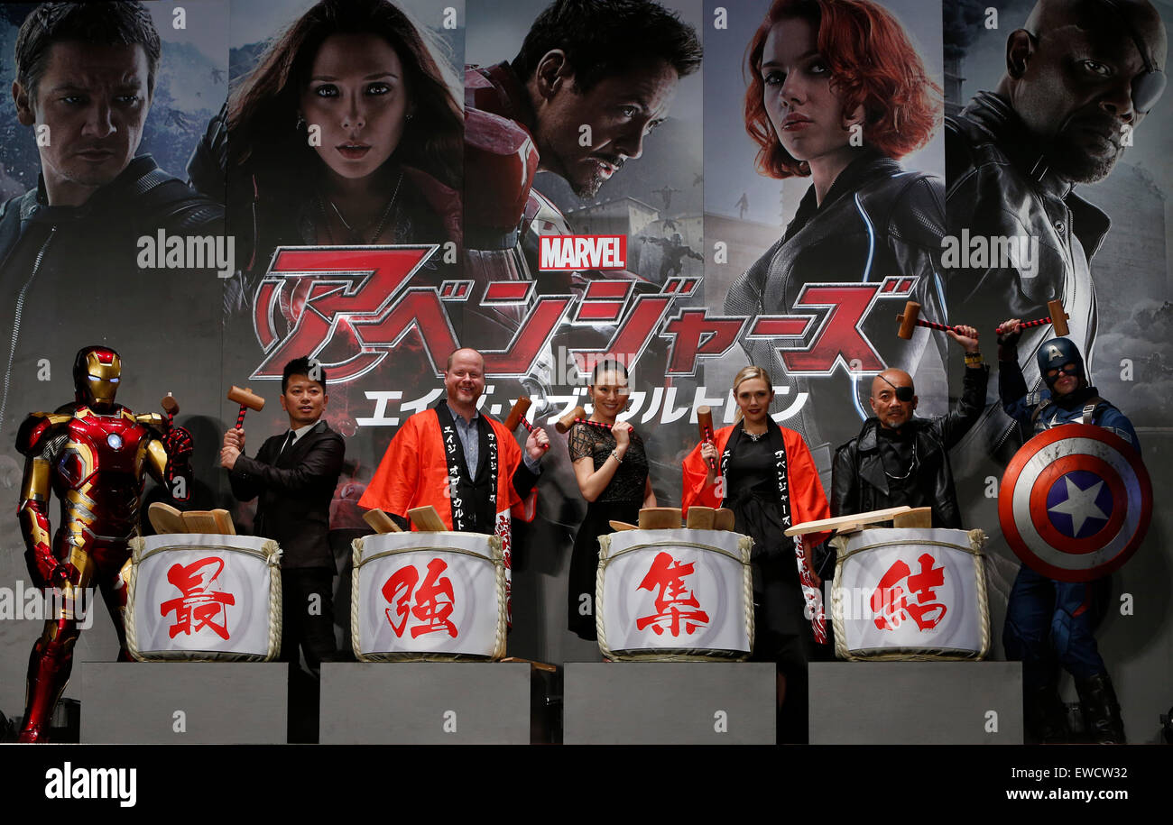 Tokyo, Japan. 23rd June, 2015. (L to R) Iron Man, Japanese comedian Hiroyuki Miyasako, film director Joss Whedon, Japanese actress Ryoko Yonekura, American actress Elizabeth Olsen, Japanese actor Naoto Takenaka, Captain America pose for photographers during a premiere event for the new film 'Avengers: Age of Ultron' in Tokyo, Japan, June 23, 2015. The film will be shown to the public from July 4 in Japan. Credit:  Stringer/Xinhua/Alamy Live News Stock Photo