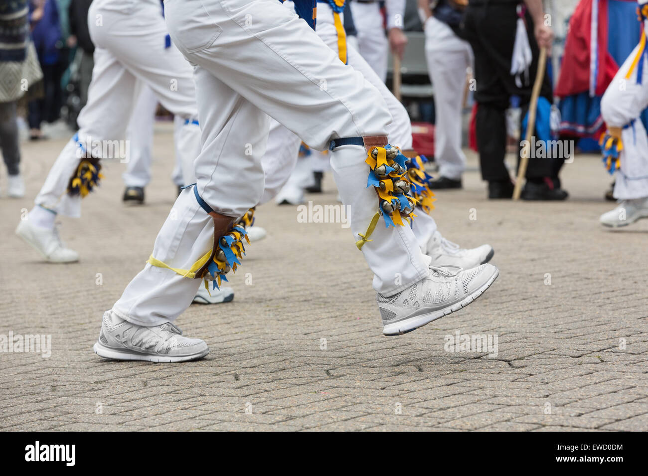 Legs of two morris dancers with feet in perfect time Stock Photo