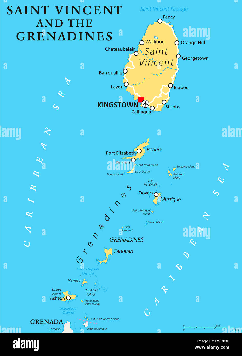 Saint Vincent and the Grenadines political map with capital Kingstown. Stock Photo