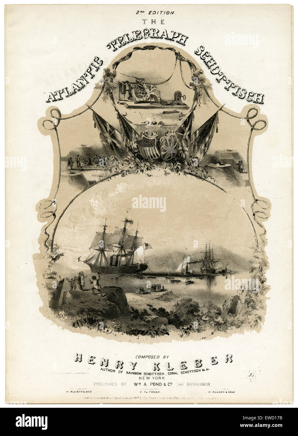 Antique 1857 sheet music, The Atlantic Telegraph Schottisch by Henry Kleber, published by Wm Pond & Co. Stock Photo