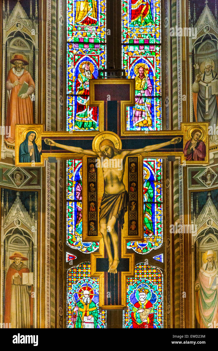 reproduction of Cimabue's crucifixion ,main chapel,  Basilica di Santa Croce, Basilica of the Holy Cross, Florence, Italy Stock Photo