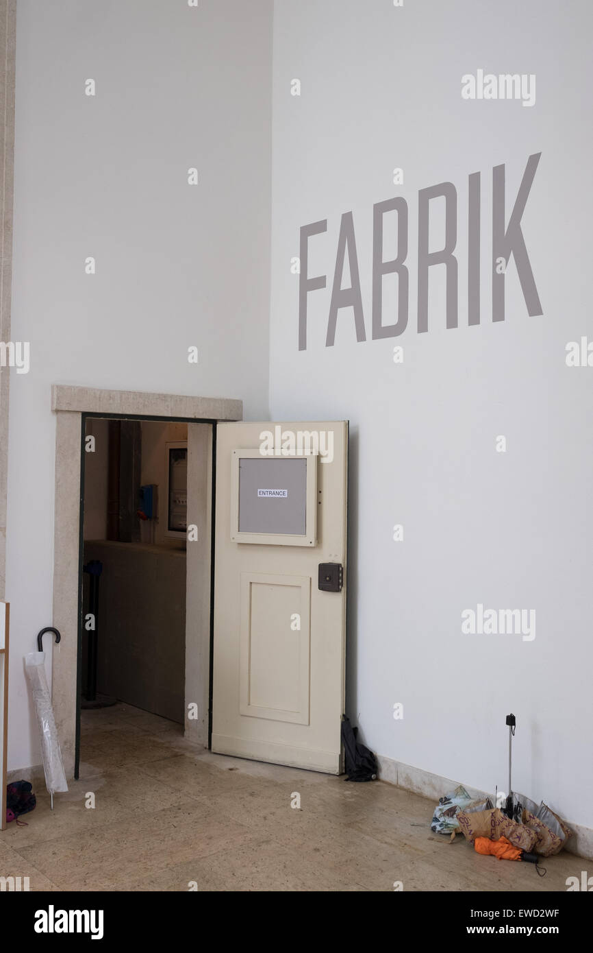 Fabrik, the German Pavilion at the 2015 Venice Biennale. Artists: Jasmina Metwaly and Philip Rizk, Hito Steyerl, Tobias Zielony. Stock Photo