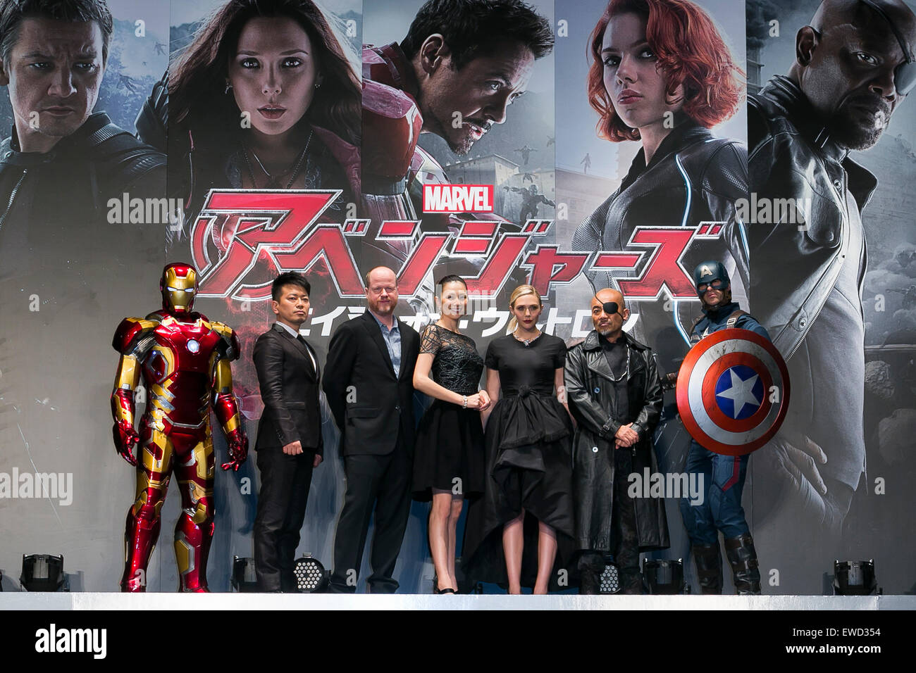 (L to R) Iron Man, actor and comedian Hiroyuki Miyasako, director Joss Whedon, actress Ryoko Yonekura, actress Elizabeth Olsen, actor and comedian Naoto Takenaka and Captain America pose for the cameras during the Japanese premiere for the film 'Avengers: Age of Ultron' in downtown Tokyo, Japan on June 23, 2015. The movie will be distributed in Japan by Walt Disney Studio Japan with a nationwide release from July 4th. Credit:  Rodrigo Reyes Marin/AFLO/Alamy Live News Stock Photo