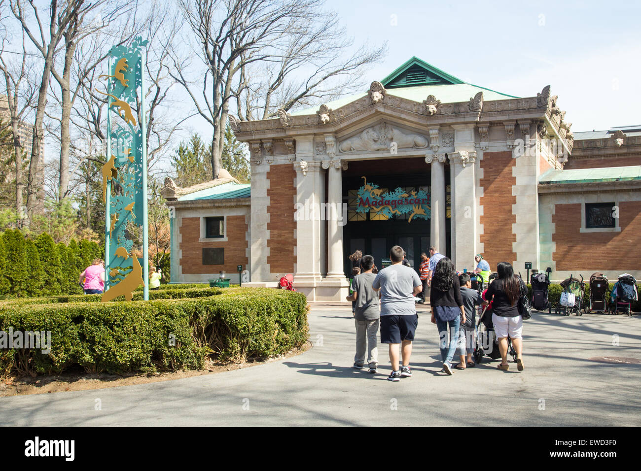 BRONX, NEW YORK - APRIL 14, 2014: View of Bronx Zoo with visitors entering the Madagascar exhibit. Stock Photo