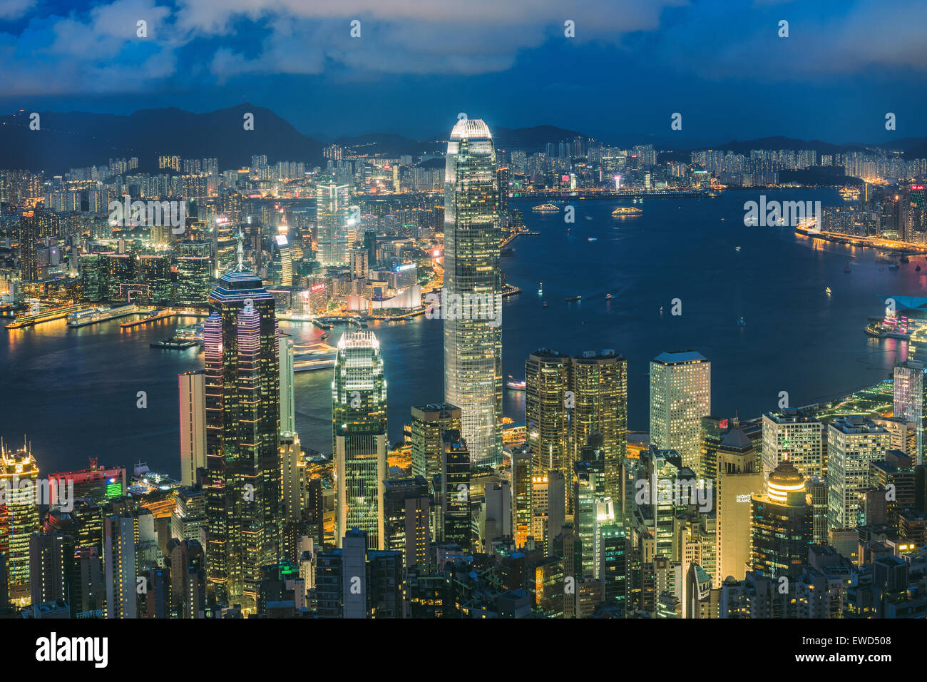 Panoramic view of victoria harbour hong kong skyline from the peak