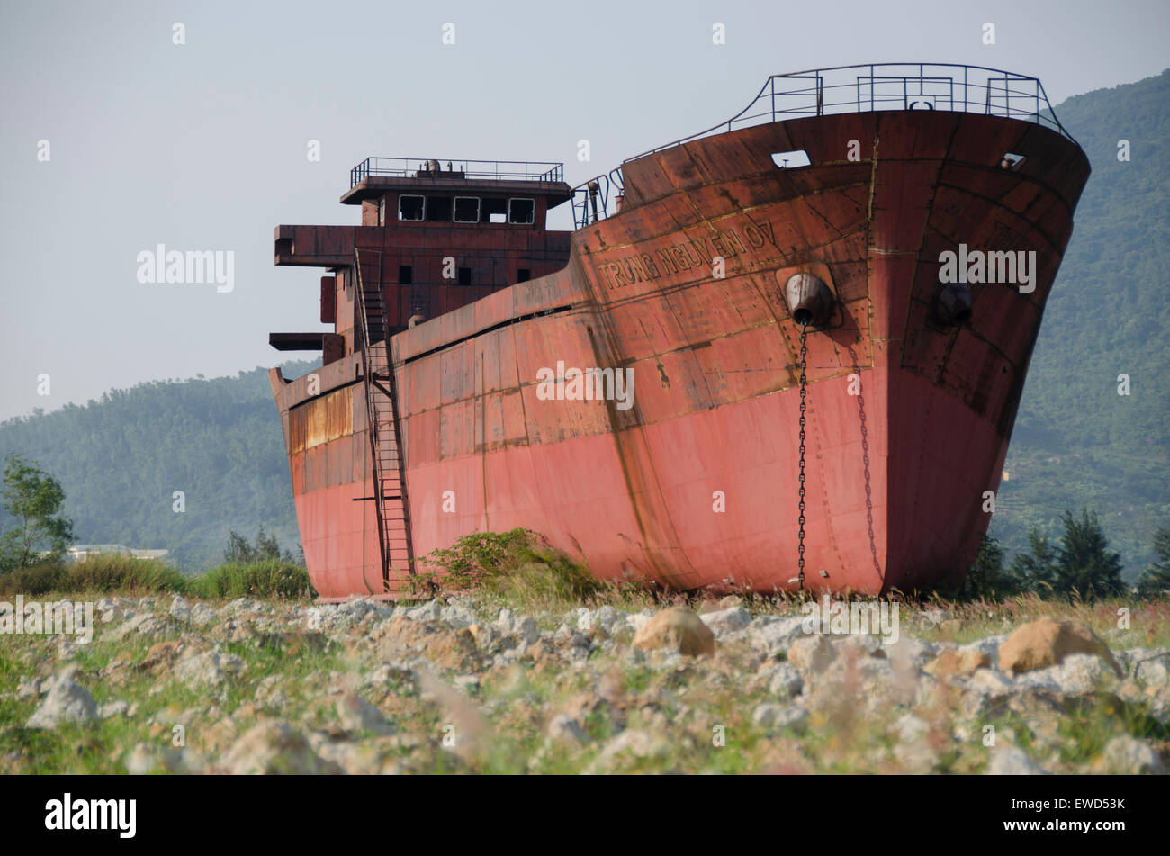 Container ship beached Stock Photo