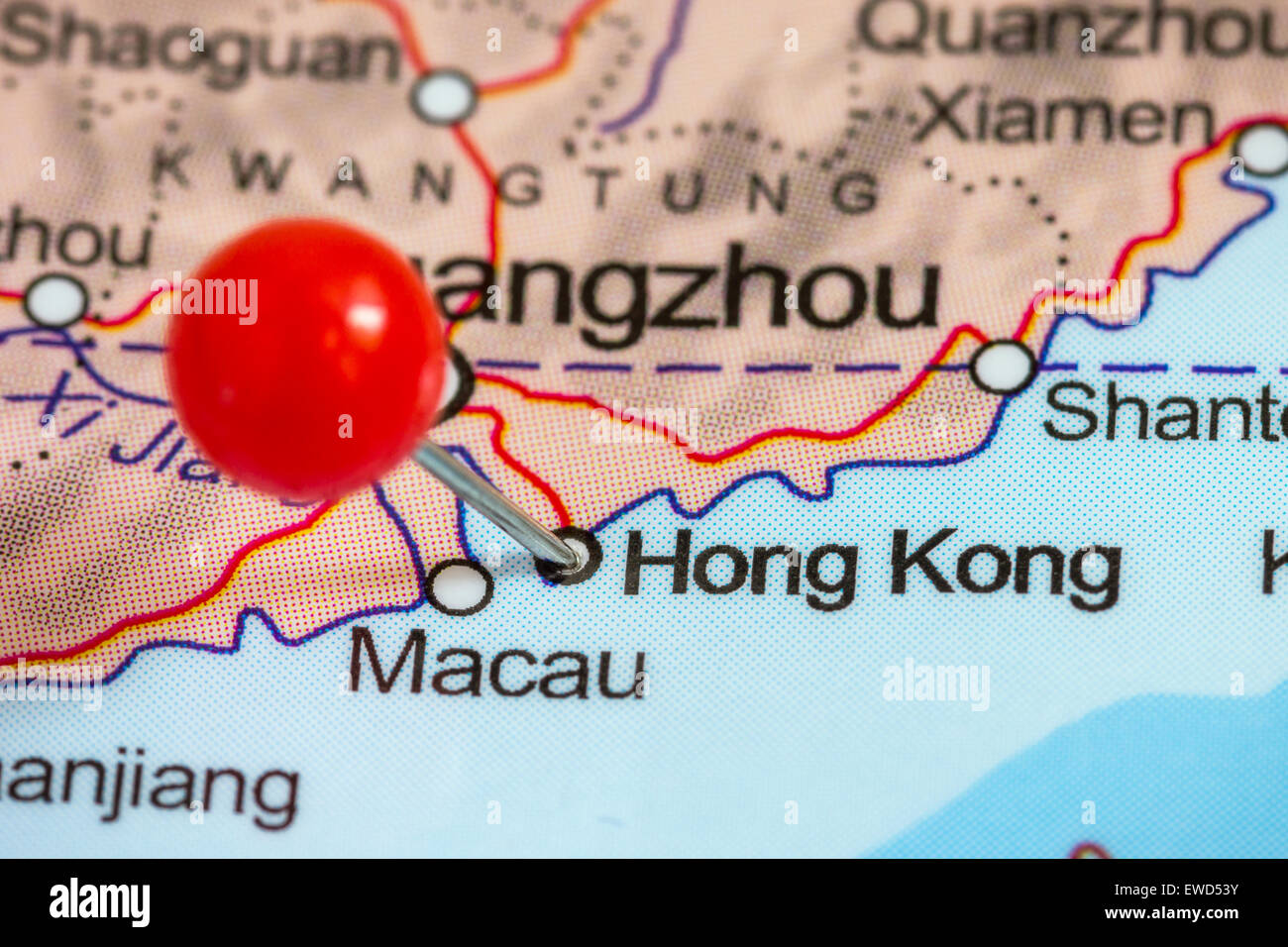 Close-up of a red pushpin on a map of Hong Kong, China Stock Photo