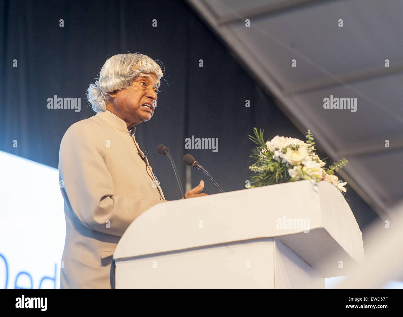 May 6, 2015 - Kochi, Kerala - 6th May, 2015 - KOchi - INDIA..Dr. A.P.J Abdul Kalam honorable former President of India adresses the audience during the inaguration of the Aster Medcity Hospital at Kochi..Aster DM is trying to tap IndiaÃ•s rapidly rising spending on health care and fill a gap in a country where facilities are lacking in a multibillion dollar industry. There is a growing demand for treatment amid rising incomes and proliferation of lifestyle diseases, including diabetes and heart conditions. .It is also targeting the burgeoning medical tourism industry from Maldives, Sri Lanka,  Stock Photo