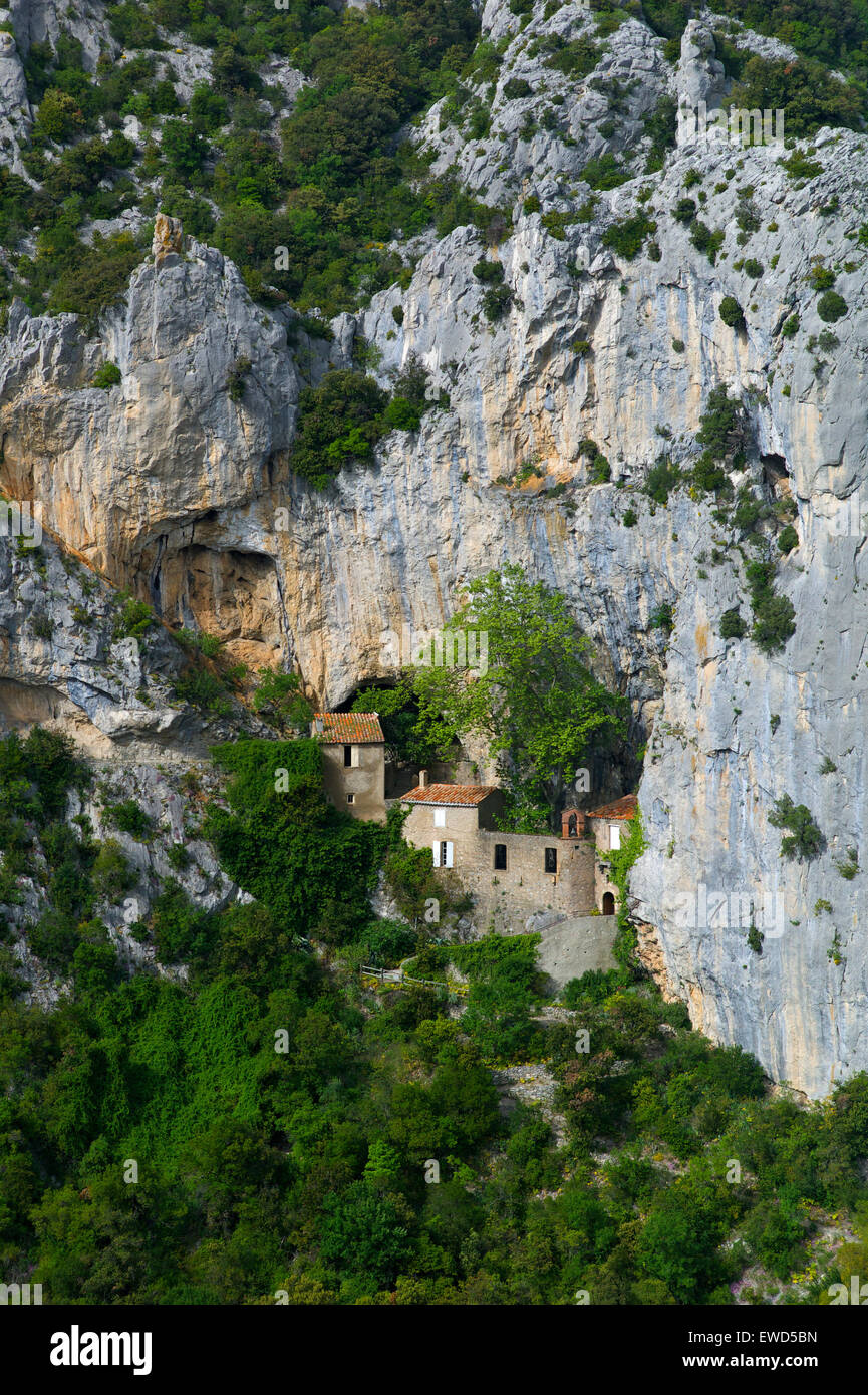 Hermitage in Galamus Gorge, French Pyrenees, France Stock Photo
