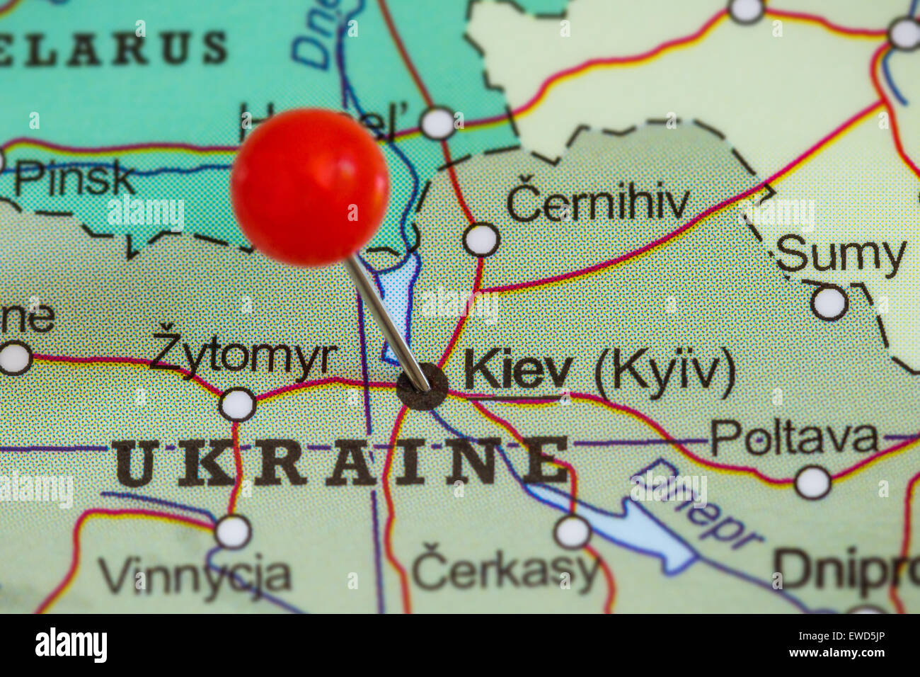 Close-up of a red pushpin on a map of Kiev, Ukraina Stock Photo