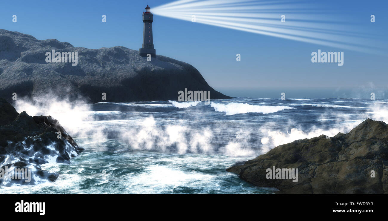 A lighthouse on a steep cliff sends out a light beam to warn of danger ...