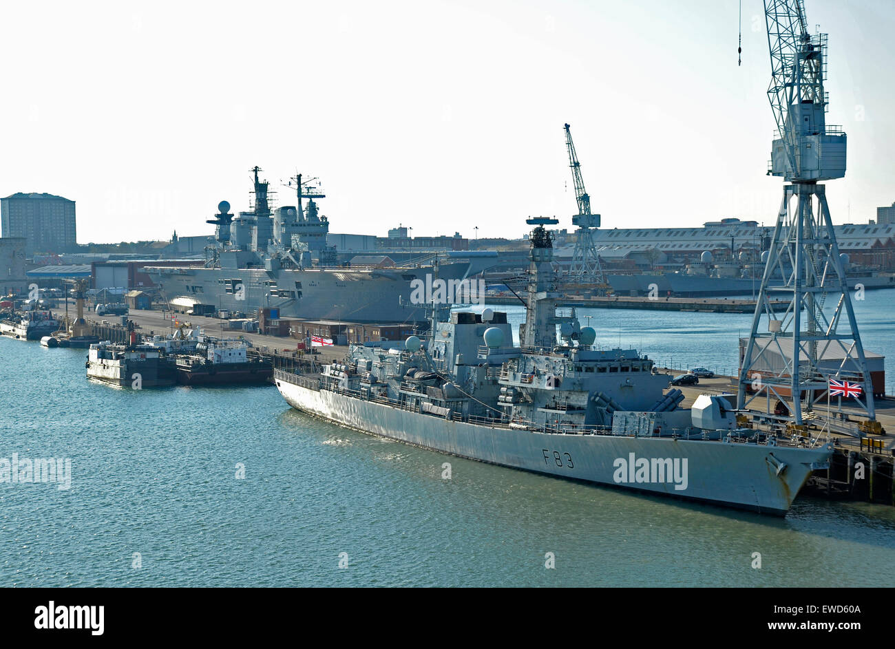 HMS Illustrious and HMS St Albans docked in Portsmouth naval dockyard Stock Photo
