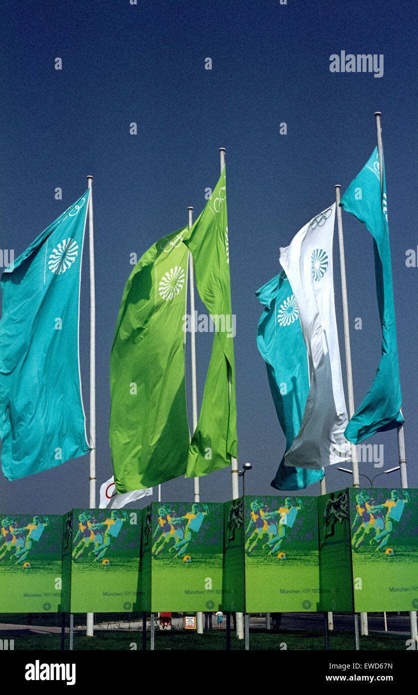 Flags of the Olympic Games in Munich in 1972 Die olympischen Fahnen während der Spiele 1972 Stock Photo