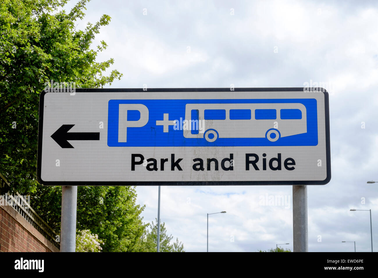 City park and ride sign with capital P indicating car parking facility and a graphic of a public transport bus UK Stock Photo