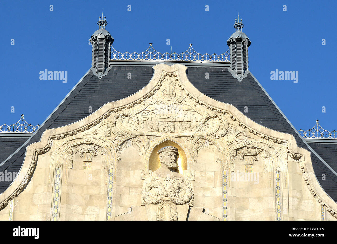 Gresham statue on front facade of Four Seasons palace hotel Budapest Hungary Stock Photo
