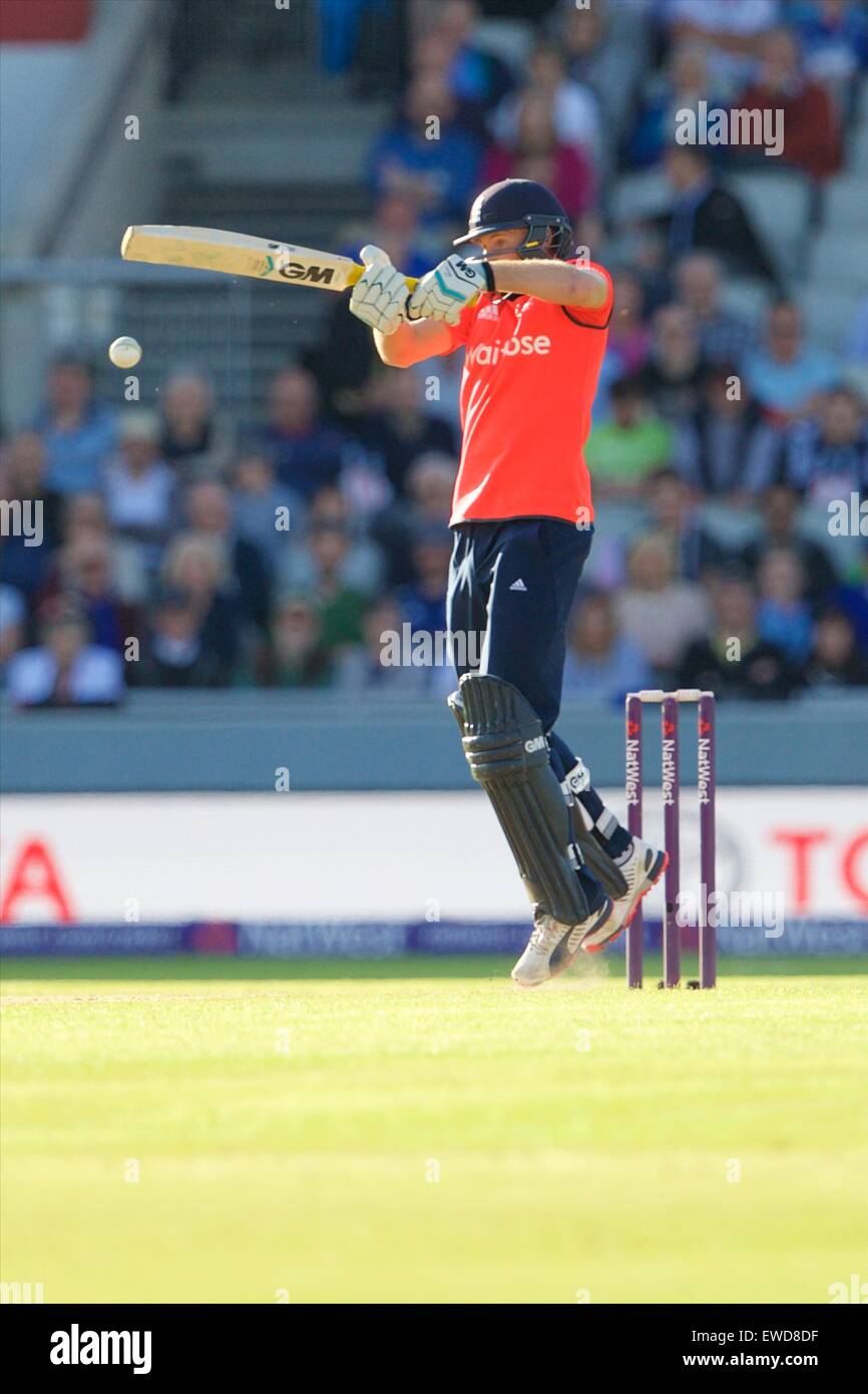 Manchester, UK. 23rd June, 2015. NatWest International T20 Cricket. England versus New Zealand. England player Joe Root hits out Credit:  Action Plus Sports/Alamy Live News Stock Photo