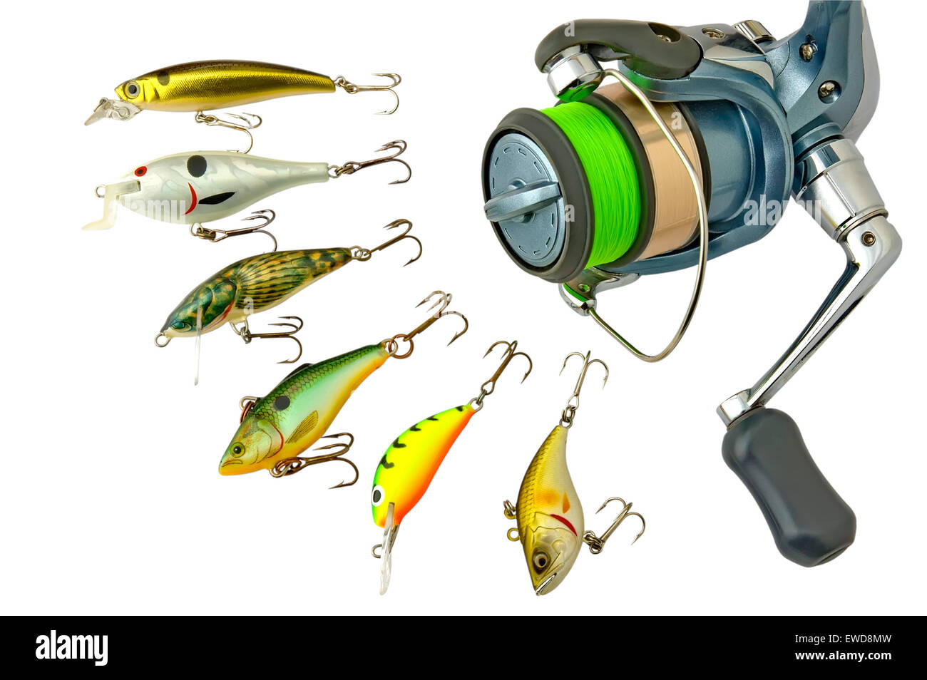 A fishing lure(wobblers) and reel, isolated on a white background. Stock Photo