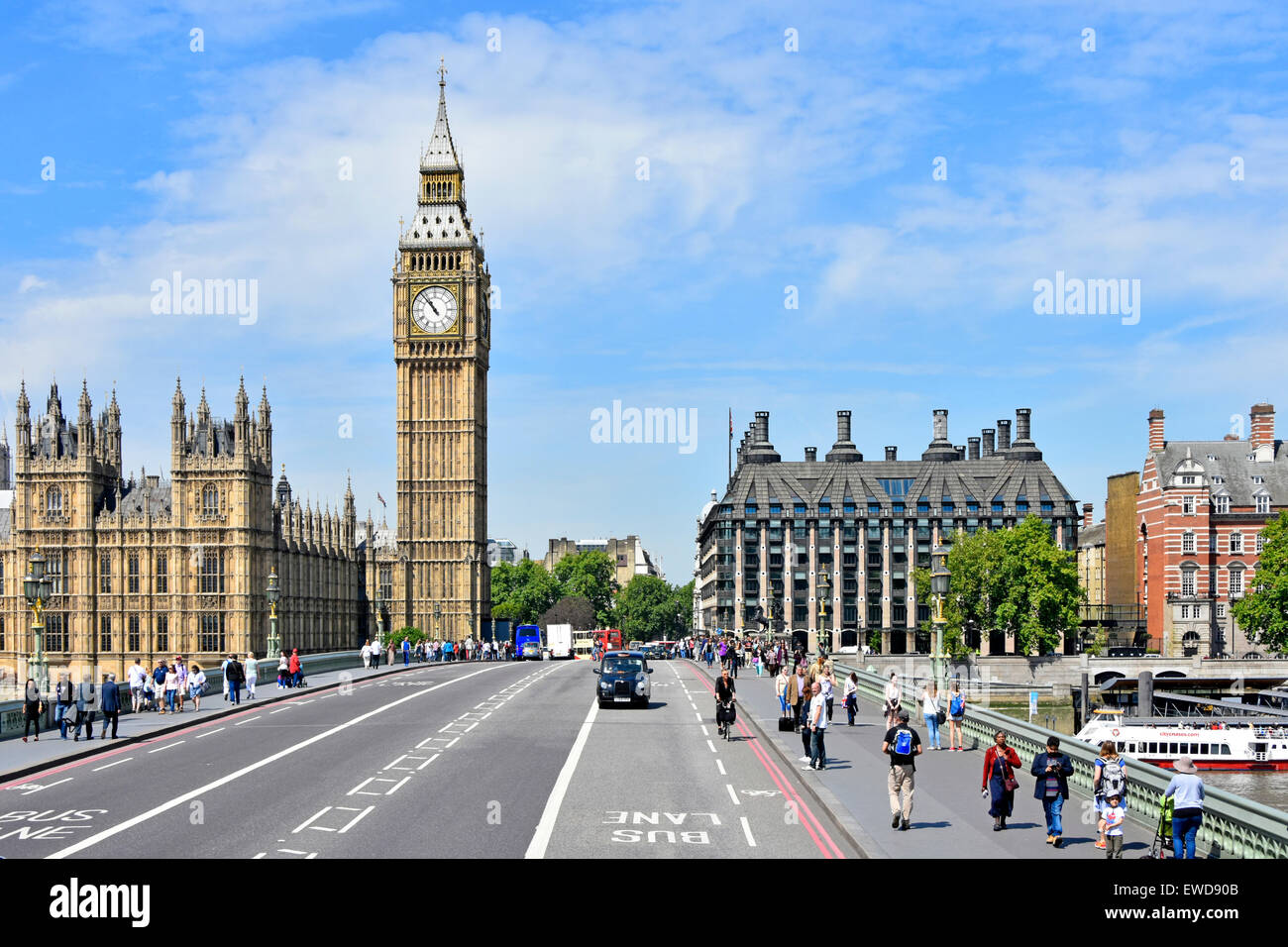 Blue sky looking down on Westminster Bridge with Big Ben Elizabeth clock tower Houses of Parliament and dark MPs Portcullis House London England UK Stock Photo