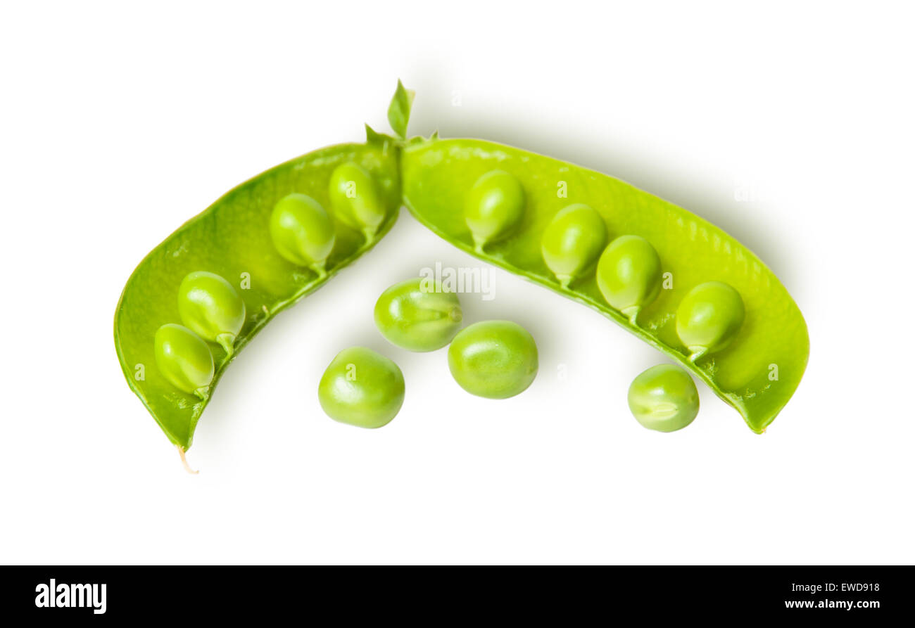 Opened green pea pod and several peas isolated on white background Stock Photo