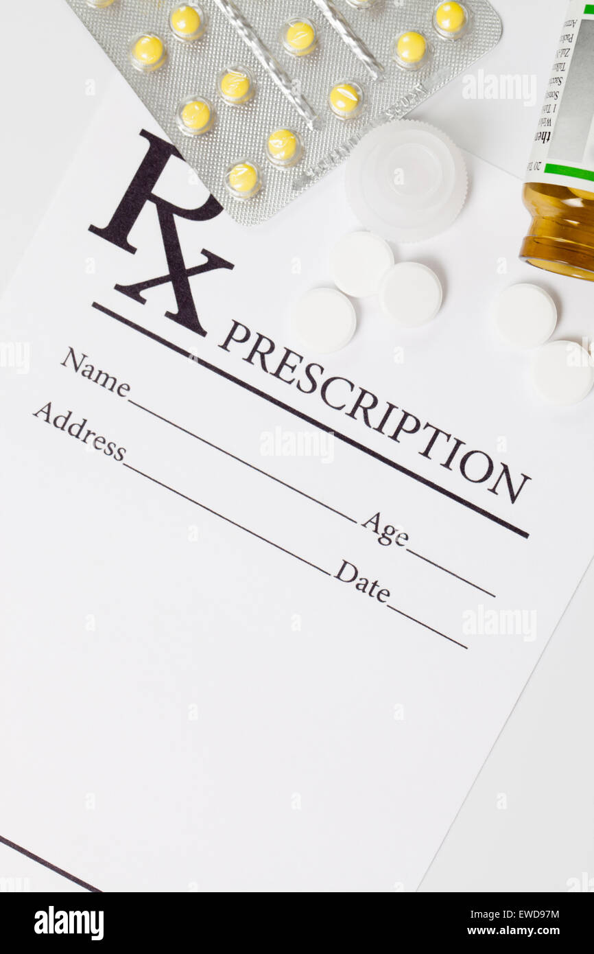 Medical drug prescription and pills over it Stock Photo - Alamy