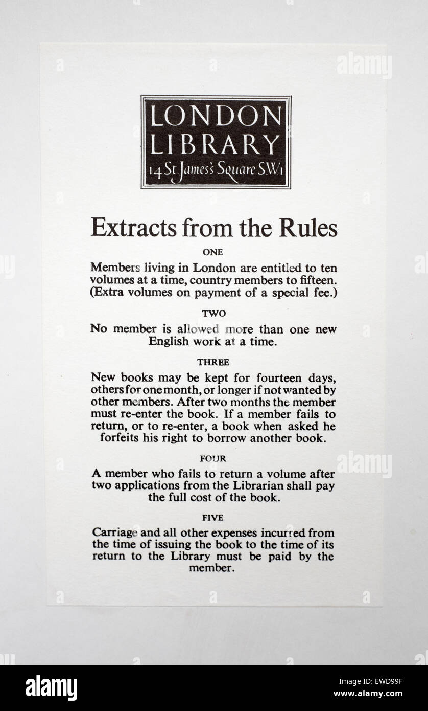 Rules page in borrowed book from The London Library St James Square London Stock Photo