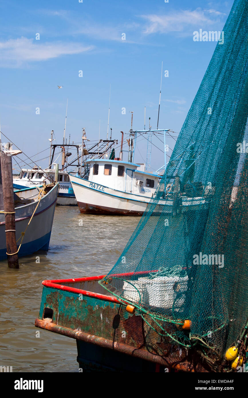 Shrimp boats at anchor, Bacliff, TX. Stock Photo