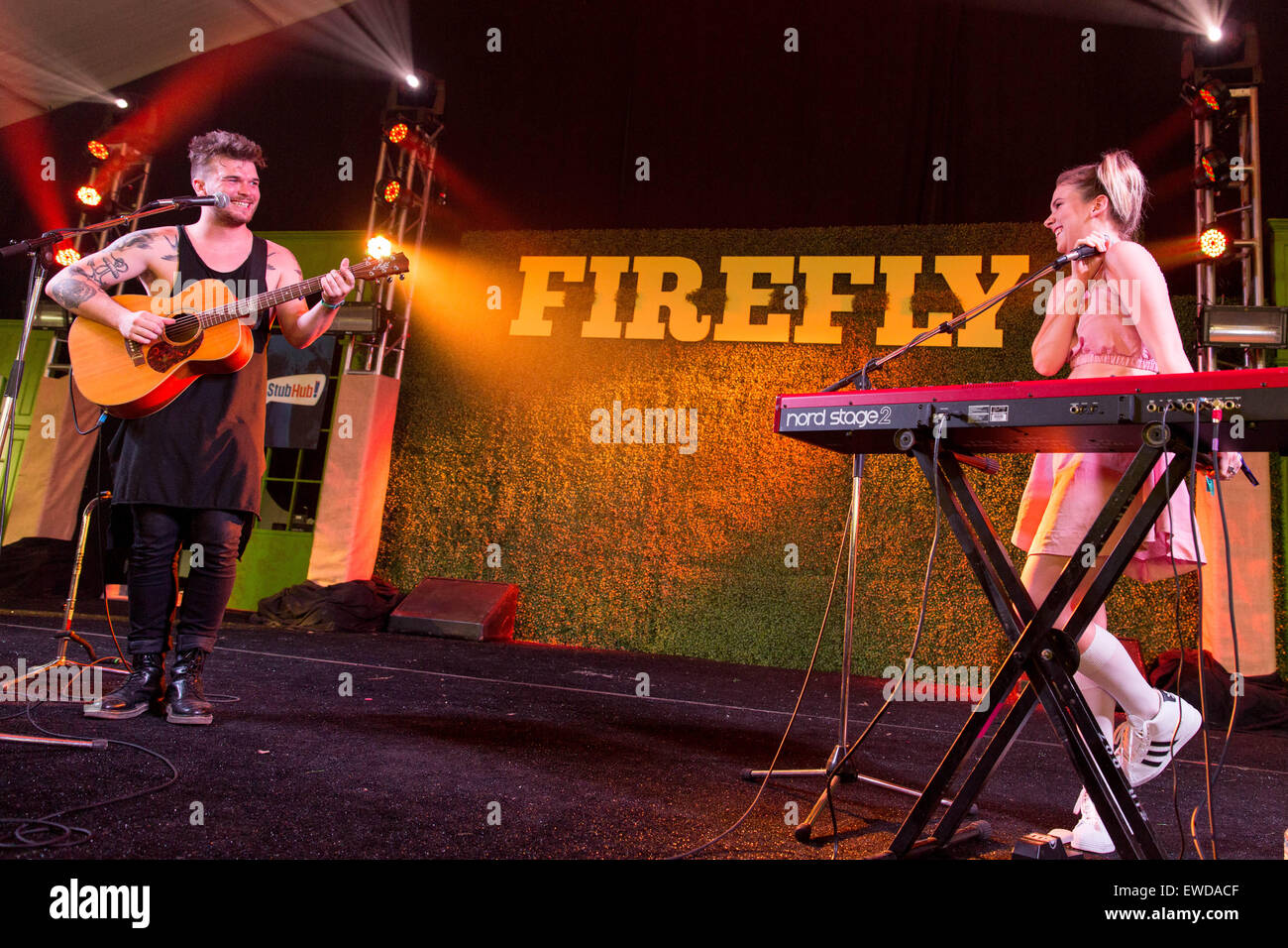 Dover, Deleware, USA. 21st June, 2015. Siblings CALEB NOTT (L) and GEORGIA NOTT of Broods perform an acoustic set on stage at the Firefly Music Festival in Dover, Delaware © Daniel DeSlover/ZUMA Wire/Alamy Live News Stock Photo