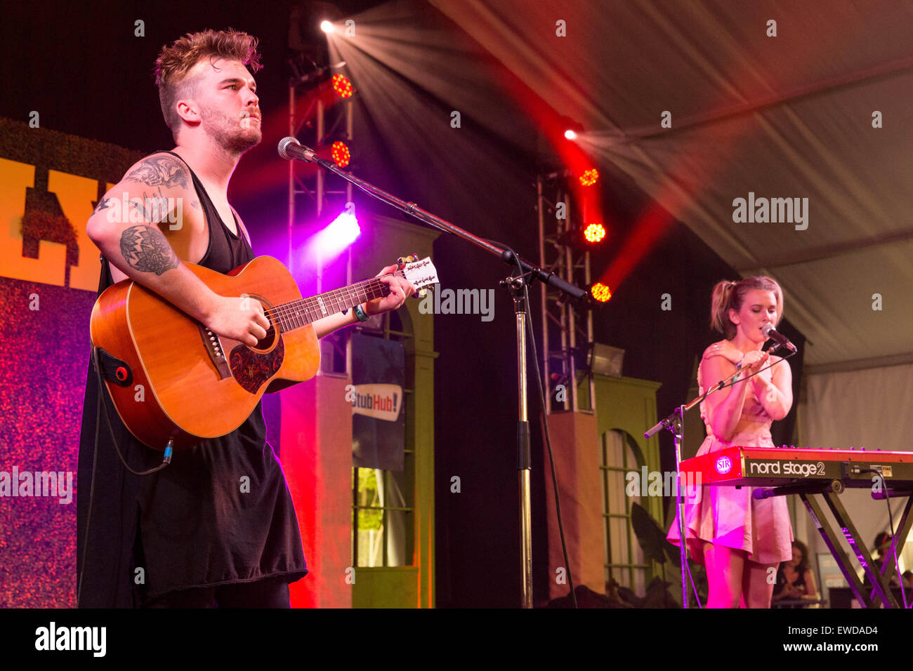 Dover, Deleware, USA. 21st June, 2015. Siblings CALEB NOTT (L) and GEORGIA NOTT of Broods perform an acoustic set on stage at the Firefly Music Festival in Dover, Delaware © Daniel DeSlover/ZUMA Wire/Alamy Live News Stock Photo