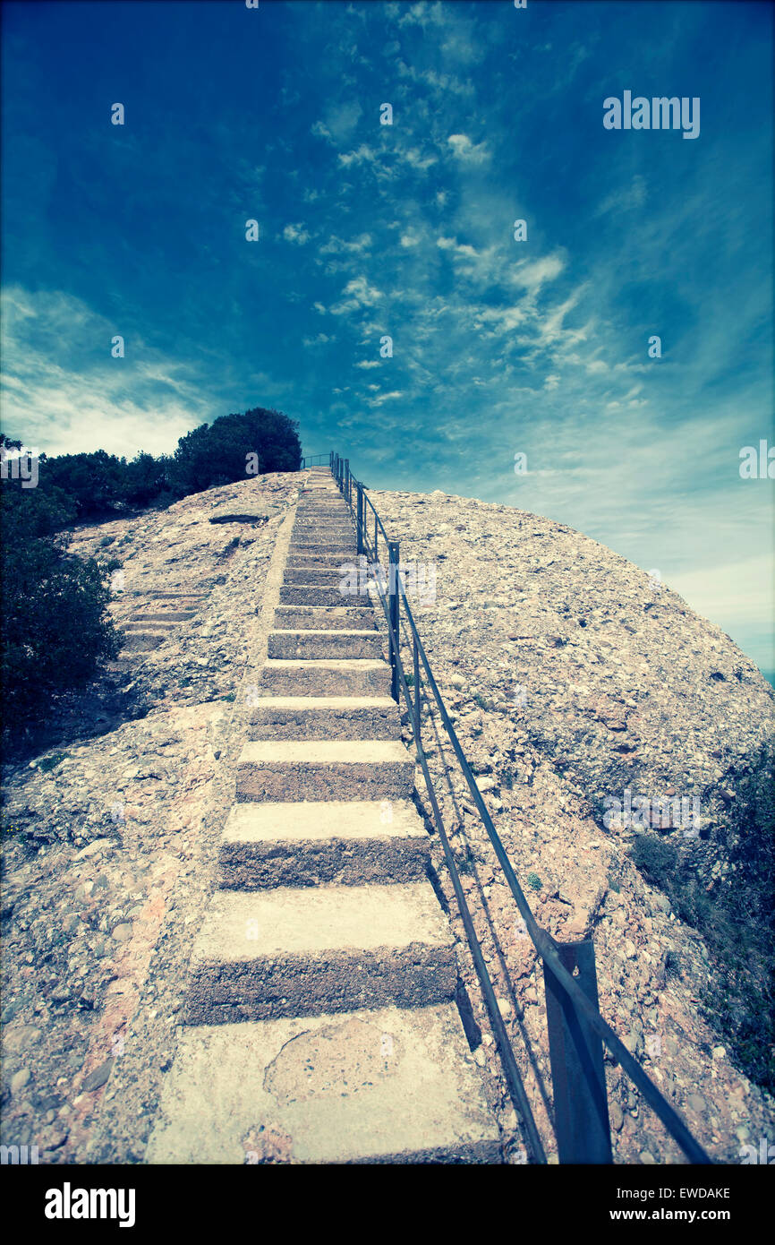 Stairway to heaven - stairway up to the peak  and deep blue sky Stock Photo