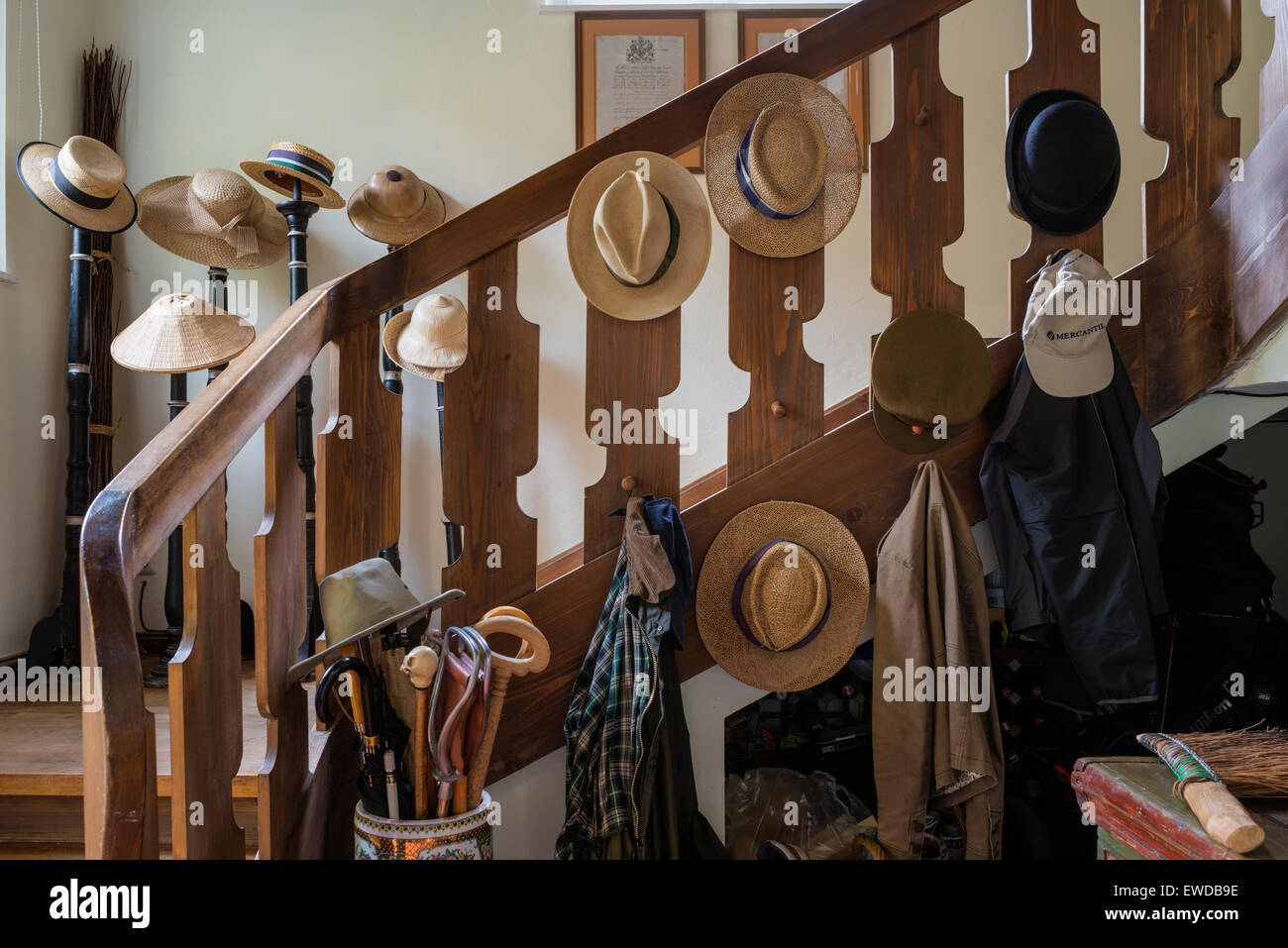 Collection of sun hats on staircase Stock Photo