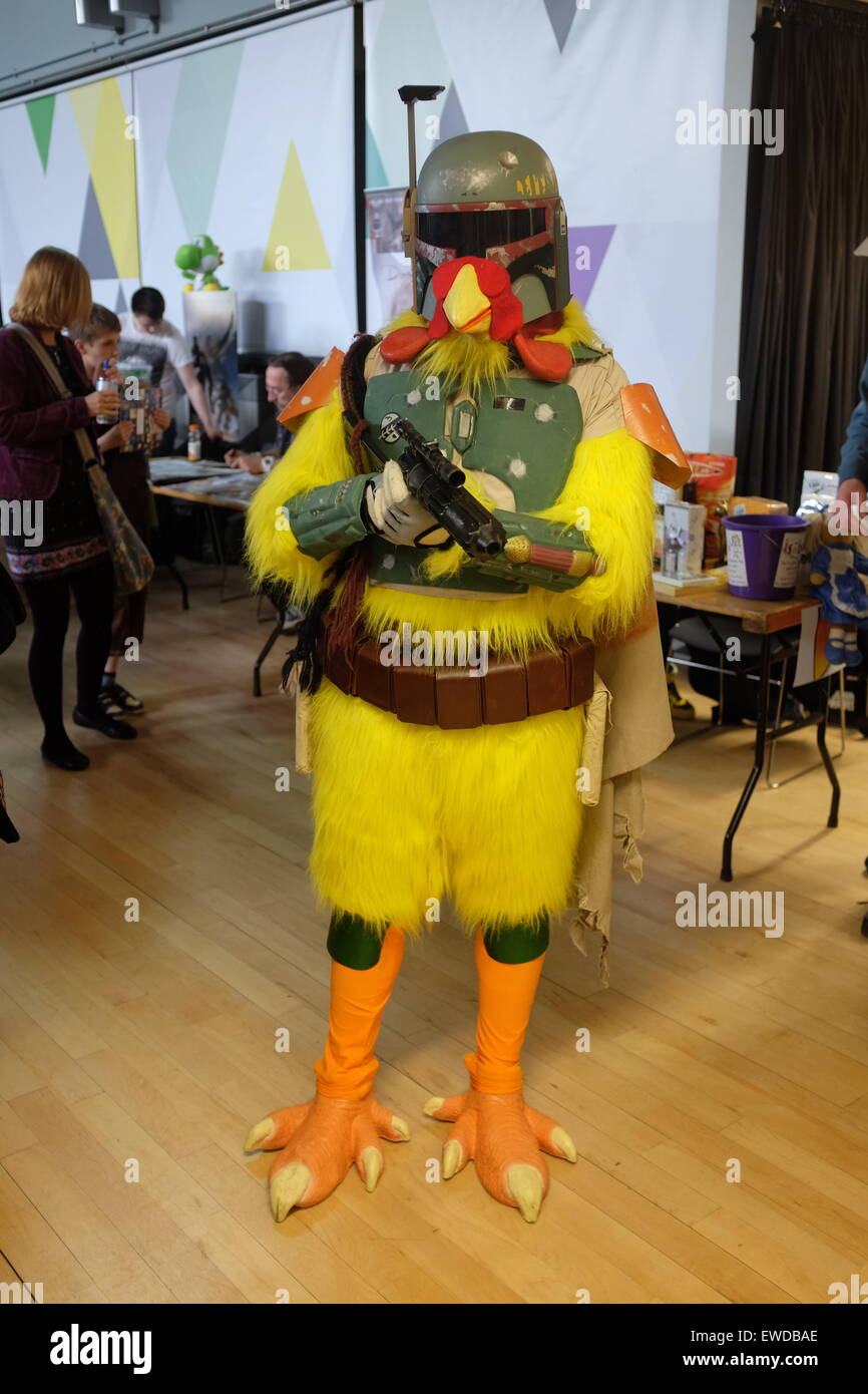 Cosplayer dressed as the giant Boba Fett Chicken from the Family Guy Star Wars animation trilogy at the Mersey Comicon Liverpool Stock Photo