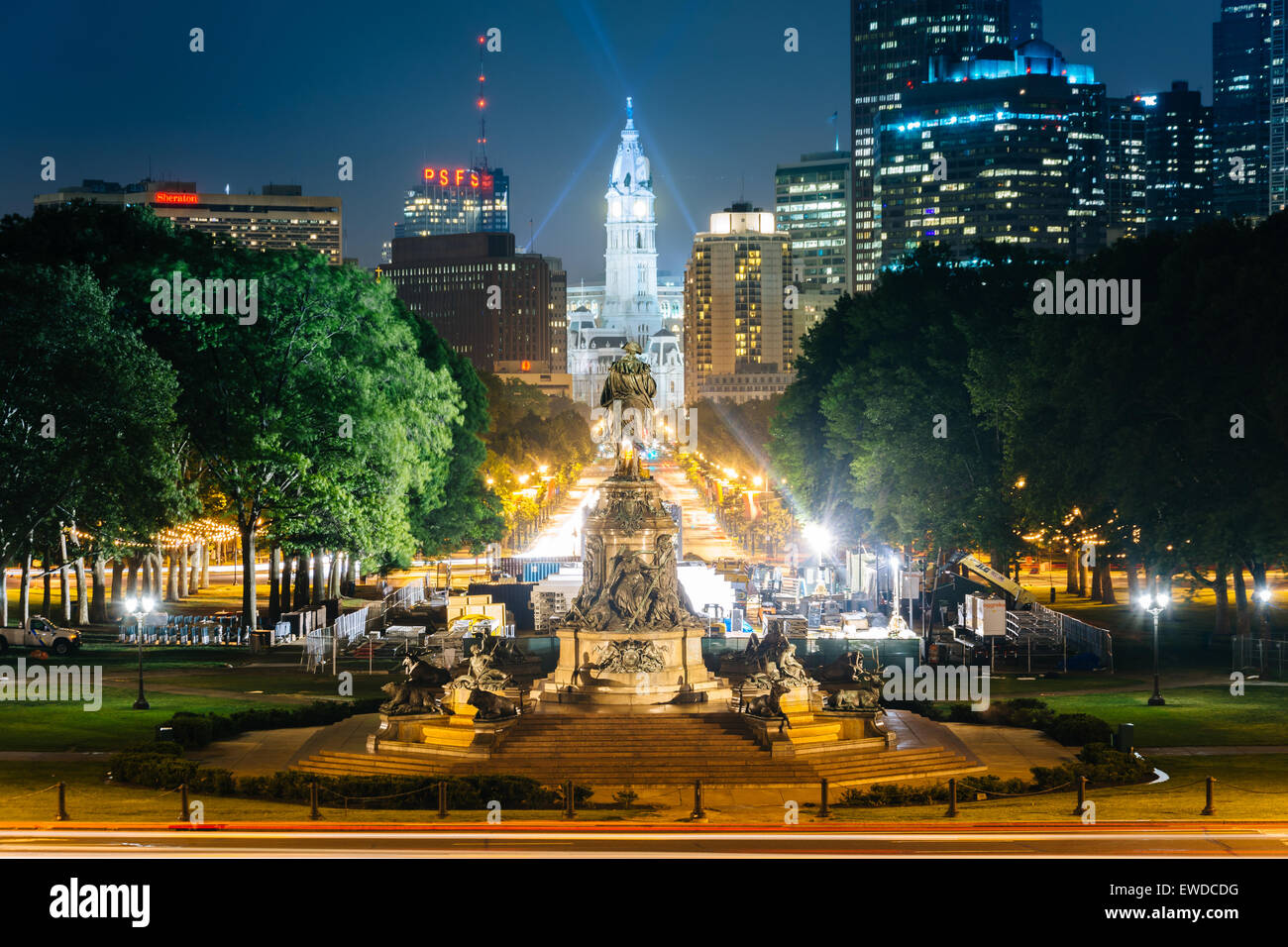 View of Eakins Oval and Center City at night, in Philadelphia, Pennsylvania. Stock Photo