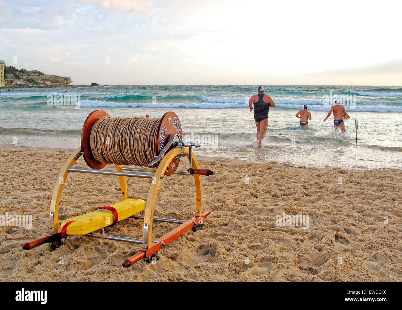 Surf life saving team in a training session at Bondi Beach in preparation of a surf carnival. Stock Photo