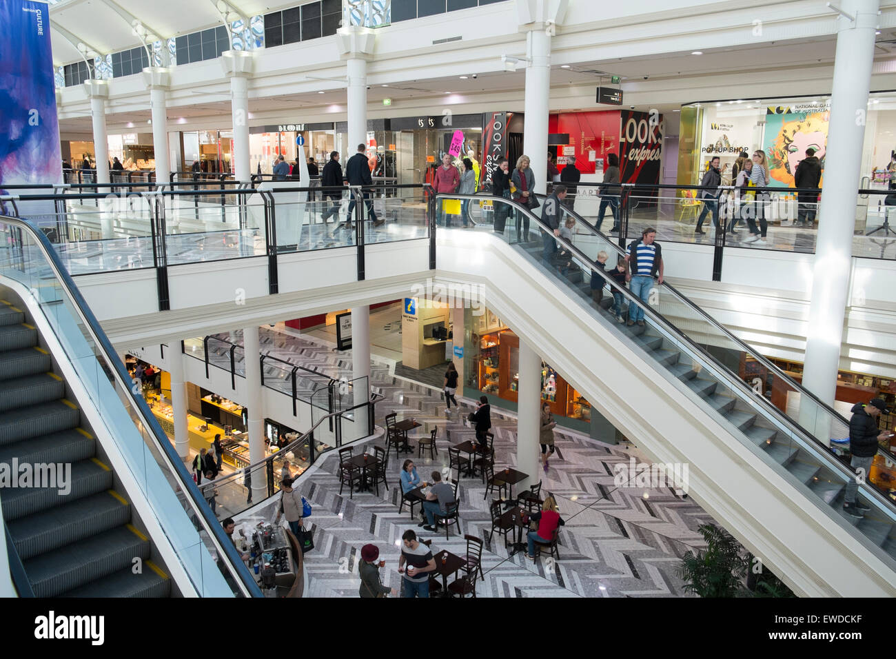 Canberra centre , escalators town centre shopping mall stores in the centre of Canberra in the australian capital territory ACT , australia Stock Photo