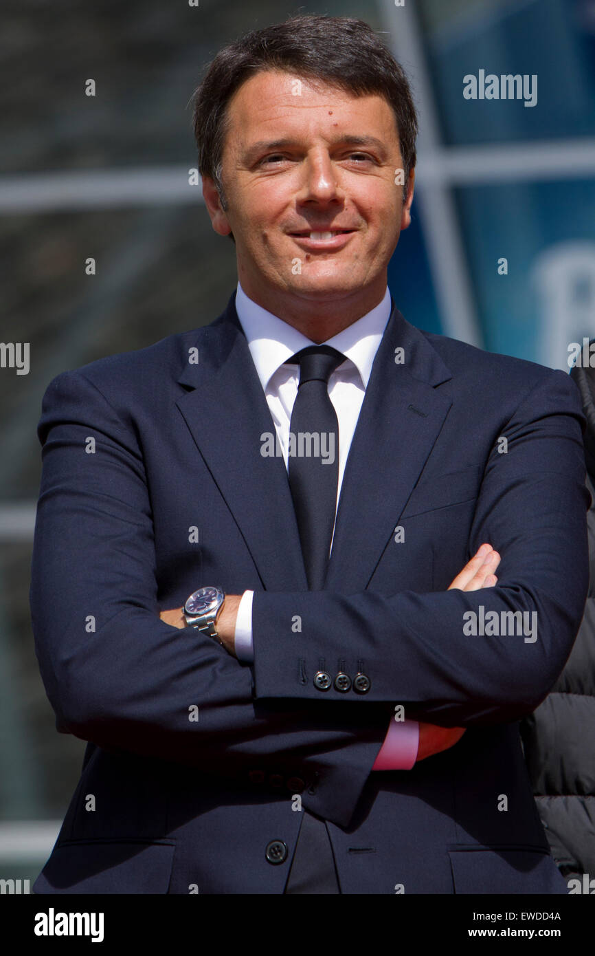 Courmayeur, Italy, 23rd June 2015. Italian Prime Minister Matteo Renzi attends the new Mont Blanc cableway inauguration. Stock Photo