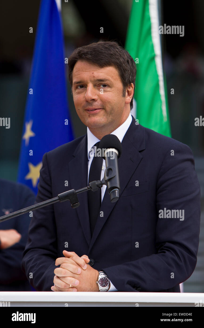 Courmayeur, Italy, 23rd June 2015. Italian Prime Minister Matteo Renzi speaks at the new Mont Blanc cableway inauguration. Stock Photo