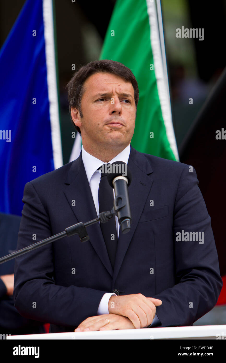 Courmayeur, Italy, 23rd June 2015. Italian Prime Minister Matteo Renzi speaks at the new Mont Blanc cableway inauguration. Stock Photo