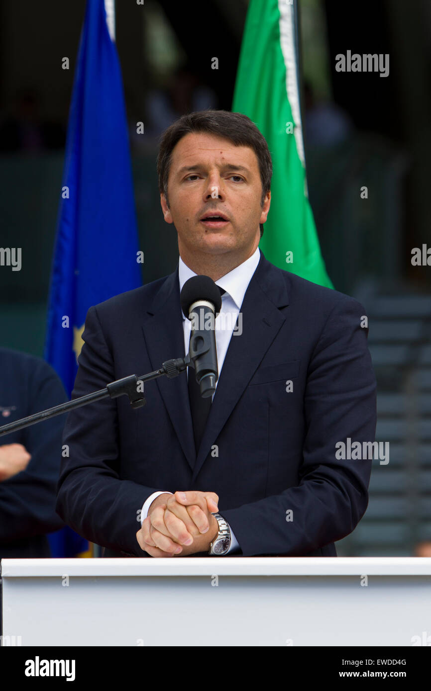 Courmayeur, Italy, 23rd June 2015. Italian Prime Minister Matteo Renzi speaks at the new Mont Blanc cableway inauguration. Stock Photo