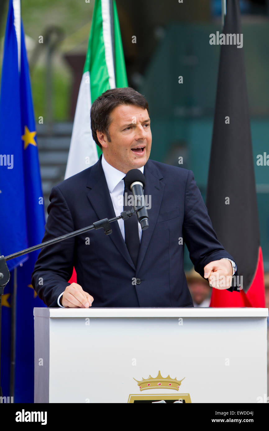Courmayeur, Italy, 23rd June 2015. Italian Prime Minister Matteo Renzi speaks at the new Mont Blanc cableway inauguration. Stock Photo