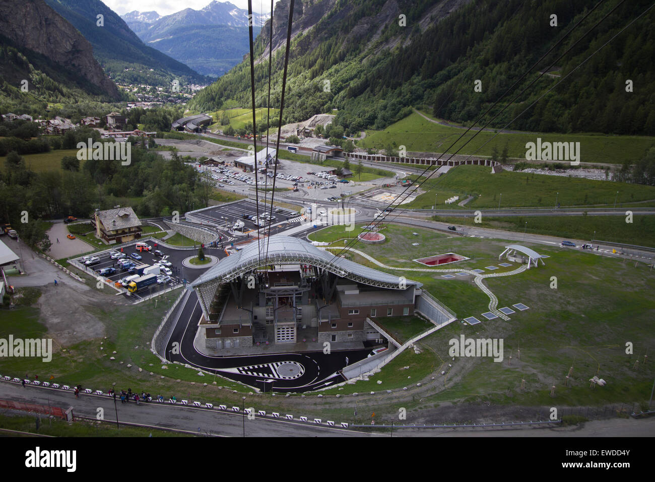 Courmayeur, Italy, 23rd June 2015. The departing station of the new Skyway cable car that connects the city of Courmayeur to Pointe Helbronner (3,466 m) in the Mont Blanc massif. Stock Photo