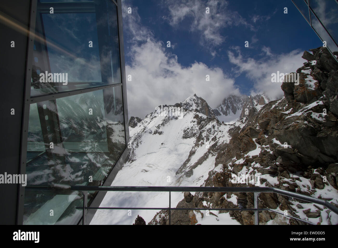 Courmayeur, Italy, 23rd June 2015. View from inside Pointe Helbronner station towards Mont Blanc (obscured by clouds). The Skyway cable car connects the city of Courmayeur to Pointe Helbronner (3,466 m) in the Mont Blanc massif. Stock Photo