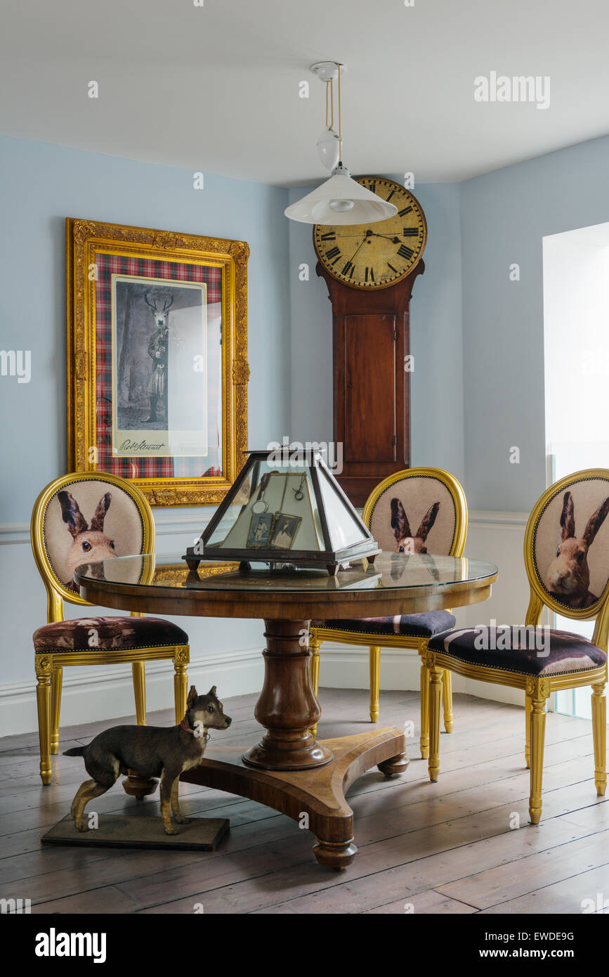 Three gilt dining chairs covered in Cory Visitorian hare head fabric round circular table in room with antique clock Stock Photo