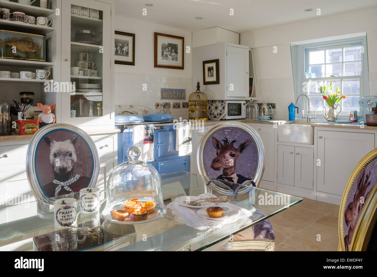 Dining chairs upholstered in Cory's Visitorian prints around glass topped dining table in kitchen with white dresser and aga Stock Photo