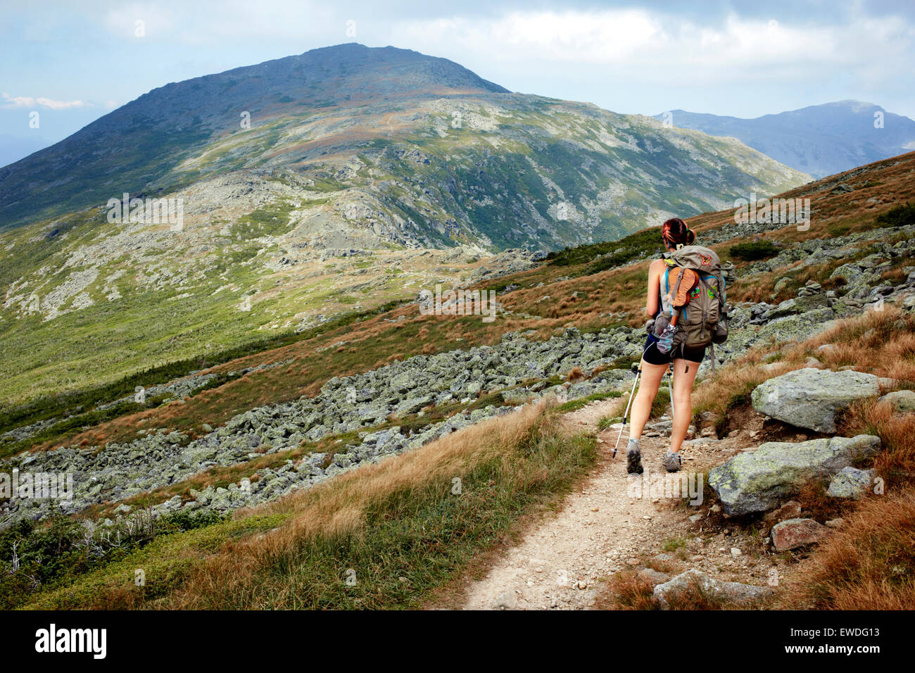 A hiker on the Appalachian Trail in the White Mountains. Stock Photo