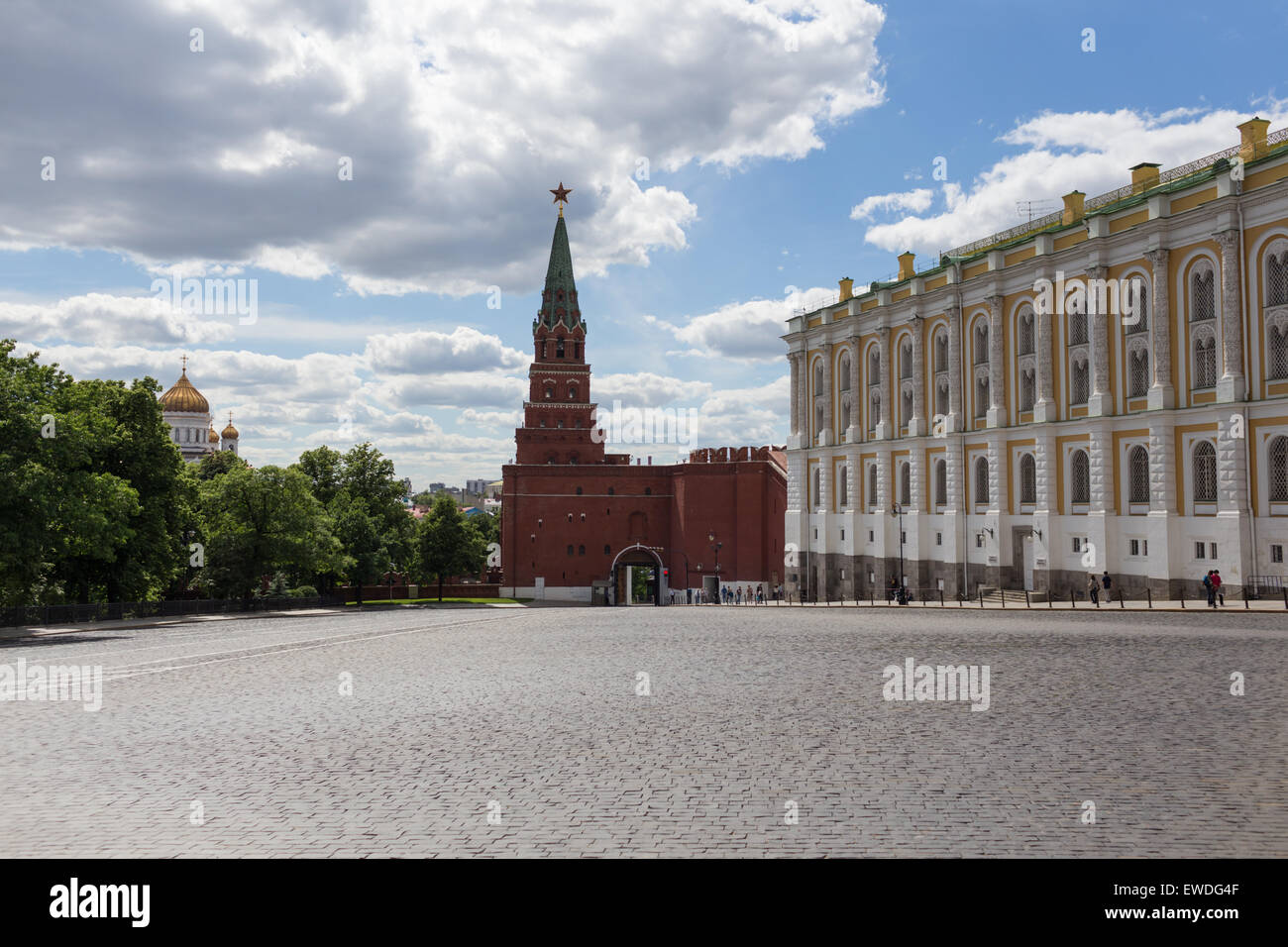 A cobblestone square inside the Kremlin gates, in front of the Kremlin