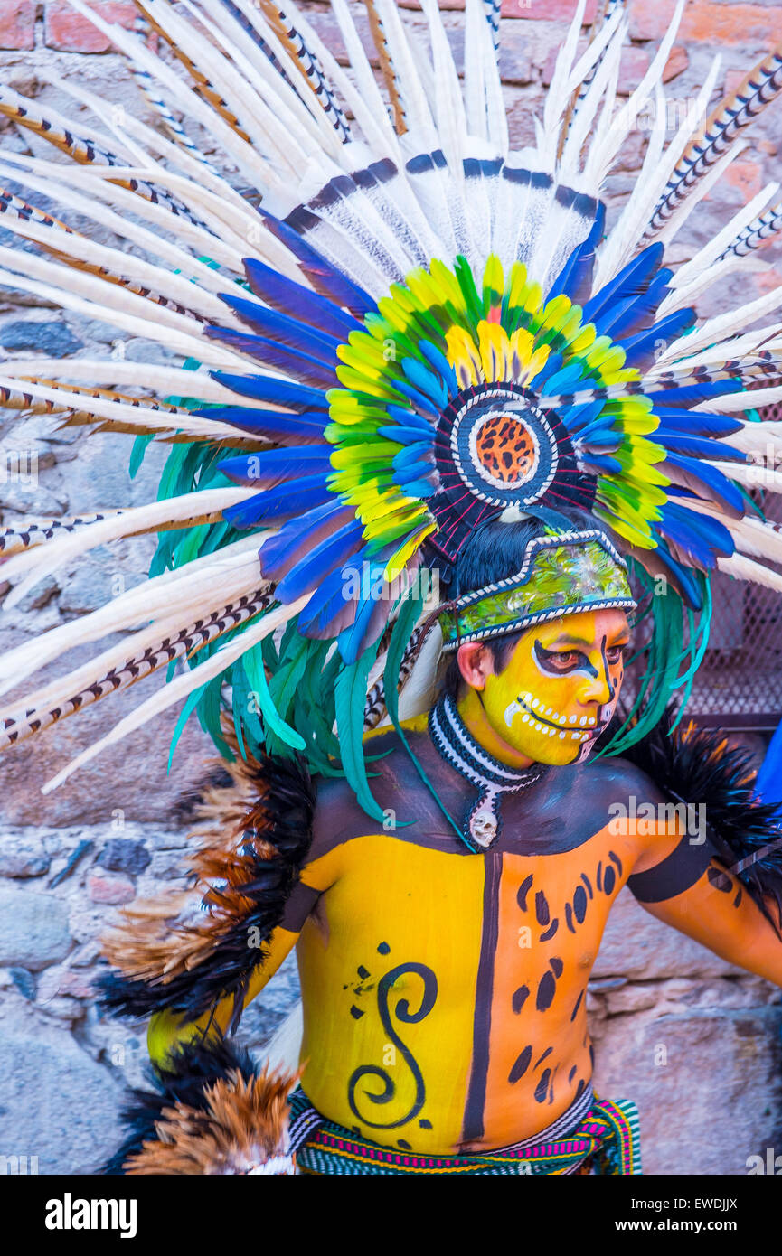 Native American with traditional costume participates at the festival of Valle del Maiz in San Miguel de Allende ,Mexico. Stock Photo