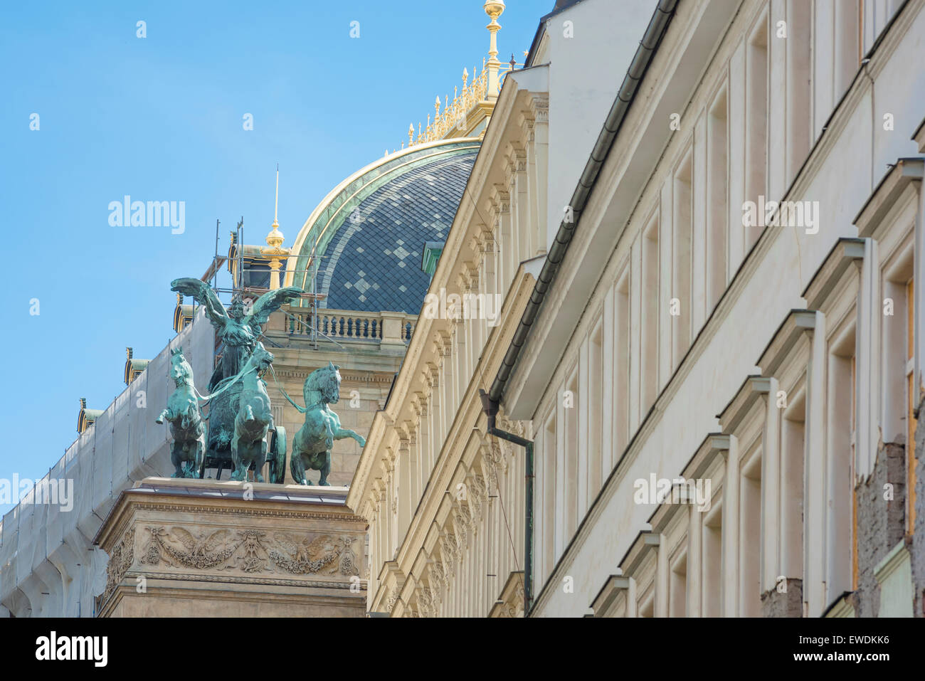 Prague architecture, view of the statue of Victory and her triga chariot on top of the  Czech National Theatre building in Prague, Czech Republic. Stock Photo